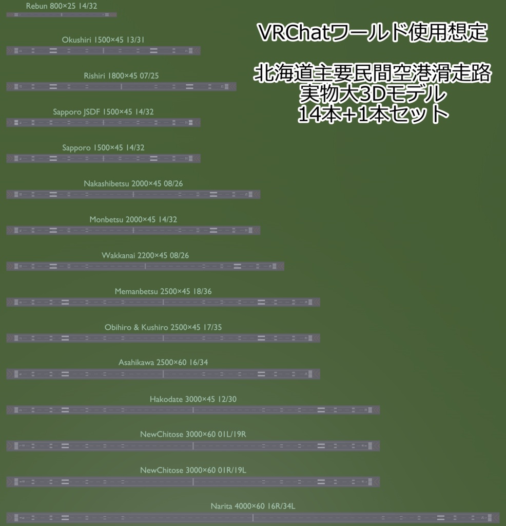 北海道主要民間空港滑走路実物大3Dモデル14本+1本セット