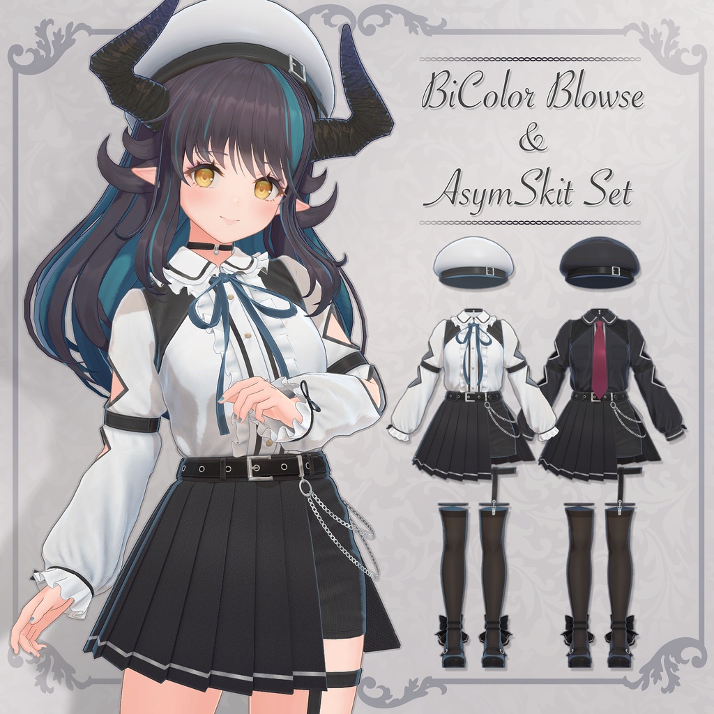 バイカラーブラウス＆アシメスカートセット