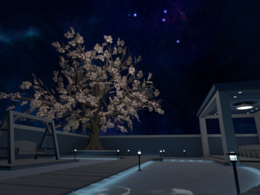 夜桜と星の海が見える家