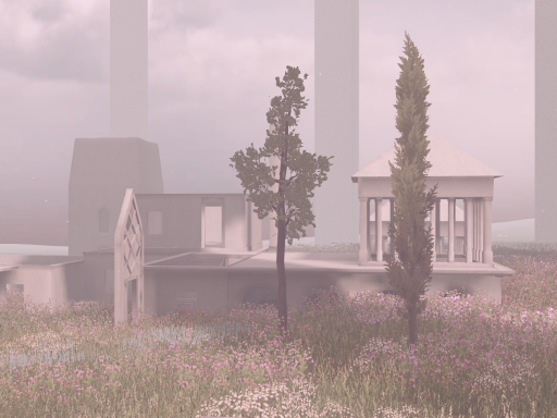 広イ草原ニ白イ建ゾウ物ト花